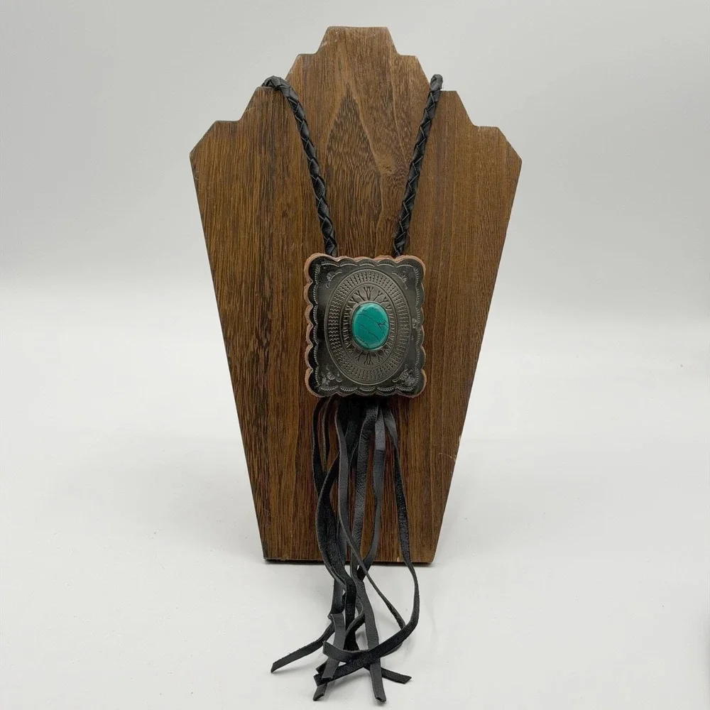 Western Bolo Tie Silver Turquoise Concho Braided Leather Fringe Tassel Black